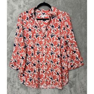 Chicos No Iron Shirt 2 Large 12 Coral Navy Floral 3/4 Sleeve Button Down Casual